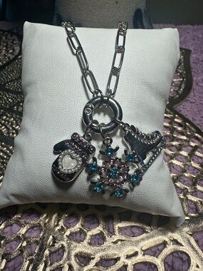 Silver Tone Winter Charm Necklace with Blue & Pink Accents